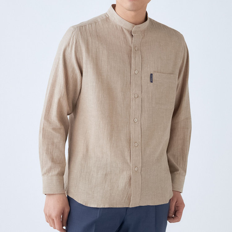 スタンリーブラッカ 【stanley blacker new york】【長袖】リネンブレンドバンドカラー/ベージュ 茶淡色