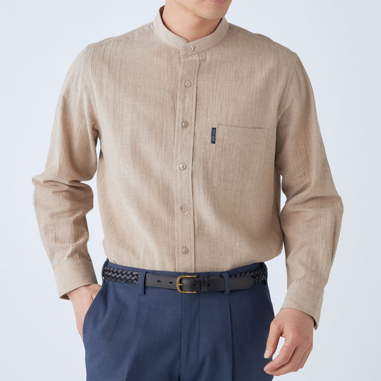 スタンリーブラッカ 【stanley blacker new york】【長袖】リネンブレンドバンドカラー/ベージュ 茶淡色