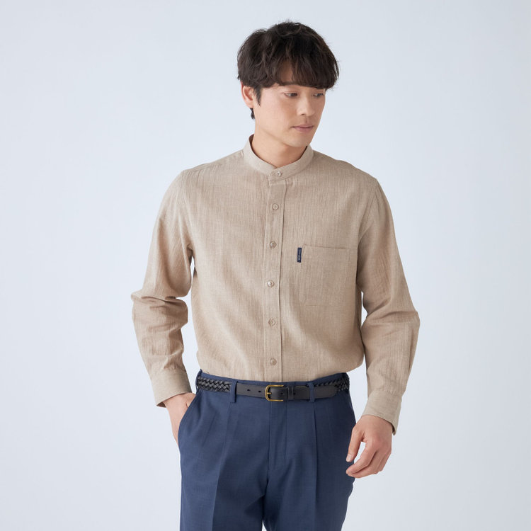 スタンリーブラッカ 【stanley blacker new york】【長袖】リネンブレンドバンドカラー/ベージュ 茶淡色