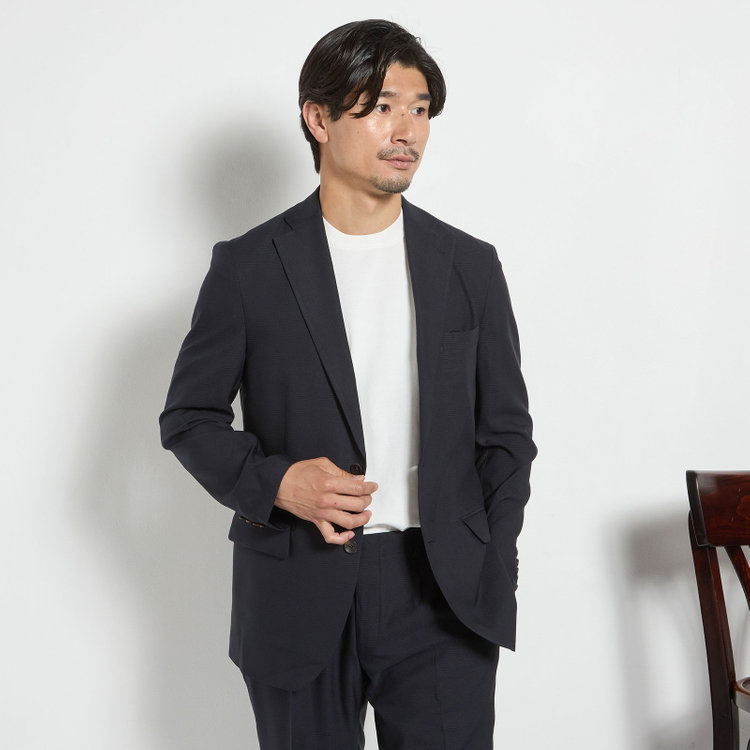 ＪＰ コンフォート 【JOHN PEARSE comfort】【春夏】2釦シングルスーツ 1タック/ネイビー×チェック/ウエストシャーリング/COOL MAX/※パンツ裾上げ済み仕様 紺中間