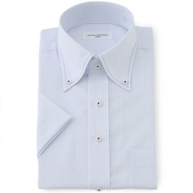 ジョンピアース 【半袖】【JOHN PEARSE White】【形態安定】ボタンダウンドレスシャツ/サックス×ホワイトストライプ/ネイビーステッチ/ULTRA BREATH COOL 青淡色