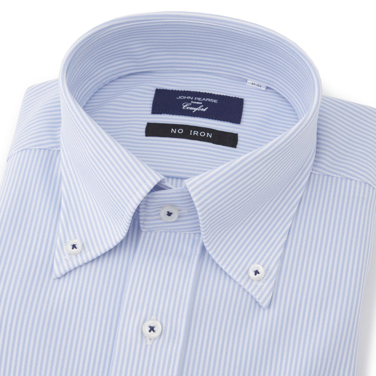 KONAKA　アウトレット 【WEB限定/OUTLET/汚れ・キズ等有】【JOHN PEARSE comfort navy】ボタンダウンカラーワイシャツ/ブルー×ストライプ/ULTRA MOVE「ニット素材」「ノーアイロン」「ストレッチ」「高通気性」 青淡色