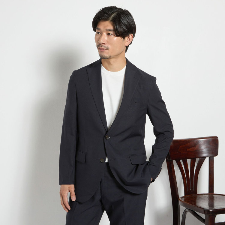 ＪＰ コンフォート 【JOHN PEARSE comfort】【春夏】2釦シングルスーツ 1タック/ネイビー×チェック/ウエストシャーリング/COOL MAX/※パンツ裾上げ済み仕様 紺中間