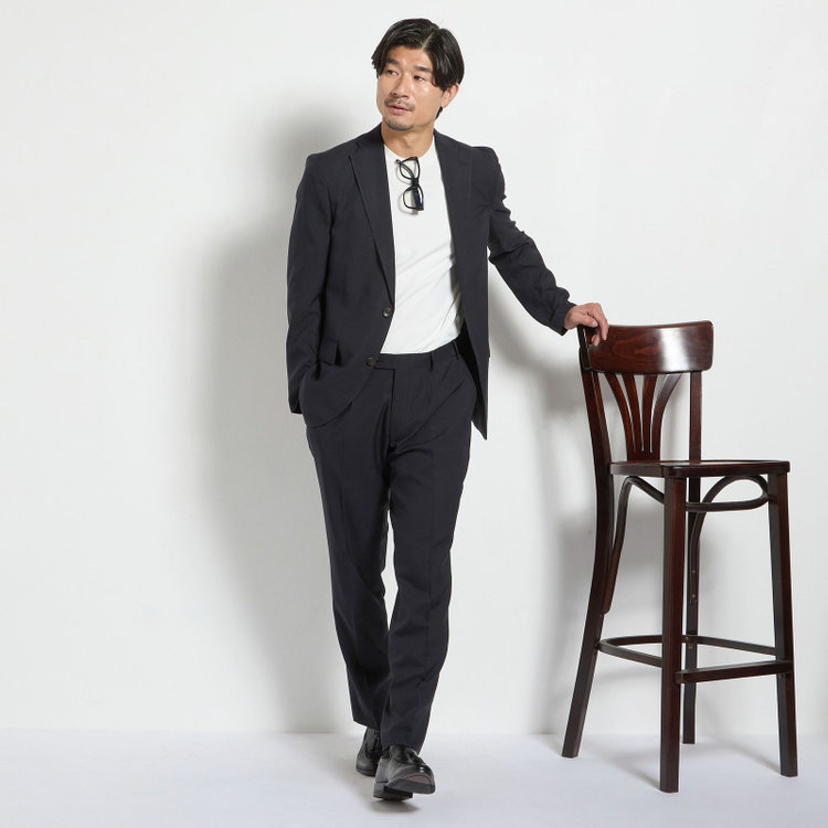 ＪＰ コンフォート 【JOHN PEARSE comfort】【春夏】2釦シングルスーツ 1タック/ネイビー×チェック/ウエストシャーリング/COOL MAX/※パンツ裾上げ済み仕様 紺中間