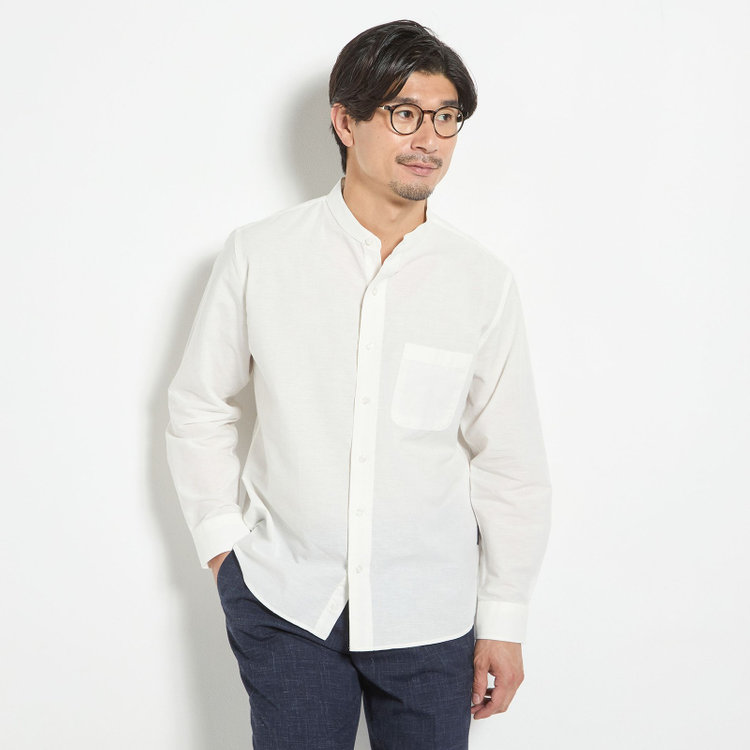 スタンリーブラッカ 【stanley blacker new york】【長袖】リネンブレンドバンドカラーシャツ/ホワイト 白
