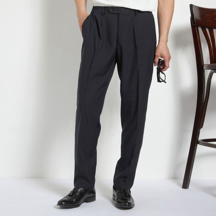 ＪＰ コンフォート 【JOHN PEARSE comfort】【春夏】2釦シングルスーツ 1タック/ネイビー×チェック/ウエストシャーリング/COOL MAX/※パンツ裾上げ済み仕様 紺中間