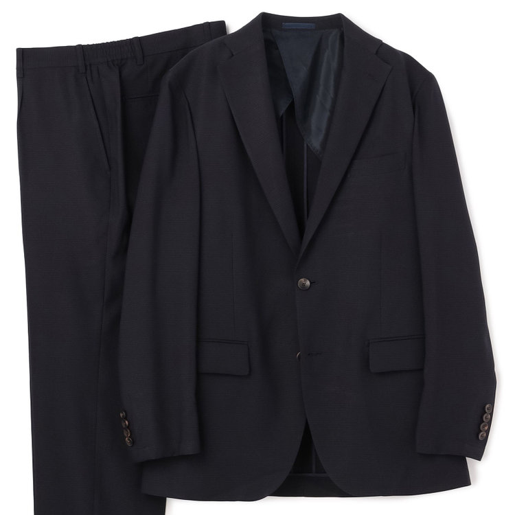 ＪＰ コンフォート 【JOHN PEARSE comfort】【春夏】2釦シングルスーツ 1タック/ネイビー×チェック/ウエストシャーリング/COOL MAX/※パンツ裾上げ済み仕様 紺中間