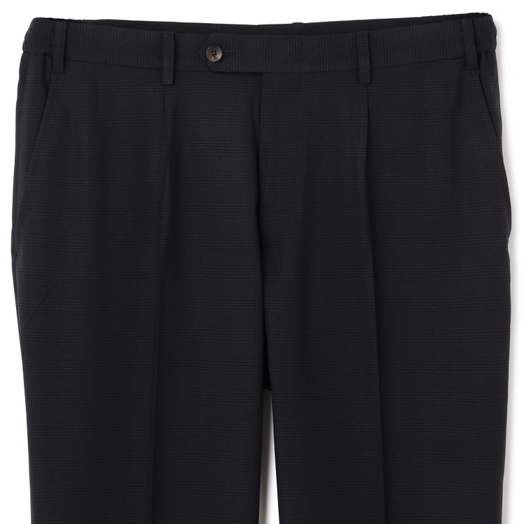 ＪＰ コンフォート 【JOHN PEARSE comfort】【春夏】2釦シングルスーツ 1タック/ネイビー×チェック/ウエストシャーリング/COOL MAX/※パンツ裾上げ済み仕様 紺中間