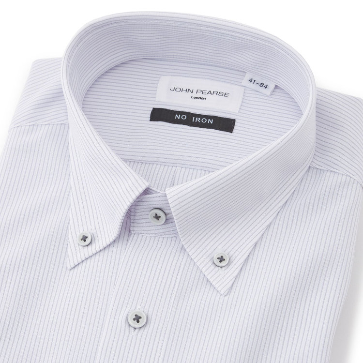 ジョンピアース 【JOHN PEARSE White】【ノーアイロン】ボタンダウンドレスワイシャツ/ホワイト×グレーストライプ/ULTRA MOVE/ニット素材 グレー中間