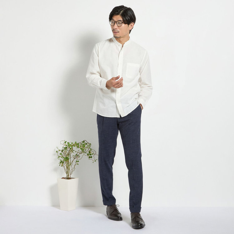 スタンリーブラッカ 【stanley blacker new york】【長袖】リネンブレンドバンドカラーシャツ/ホワイト 白