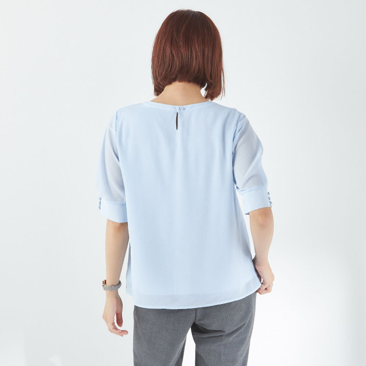 ナチュラル　ビューティー 【NATURAL BEAUTY】パフスリーブ襟元ギャザーブラウス/ブルー 青中間