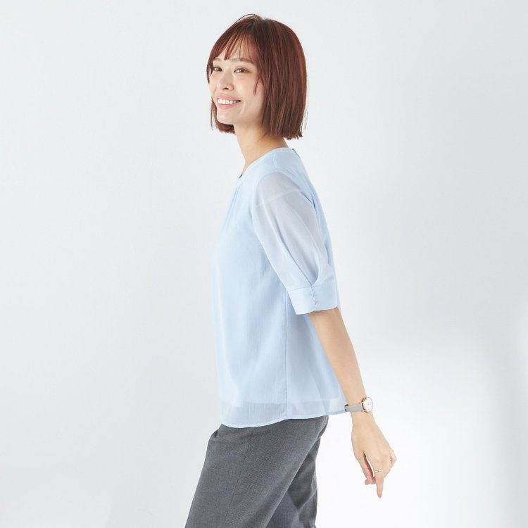 ナチュラル　ビューティー 【NATURAL BEAUTY】パフスリーブ襟元ギャザーブラウス/ブルー 青中間