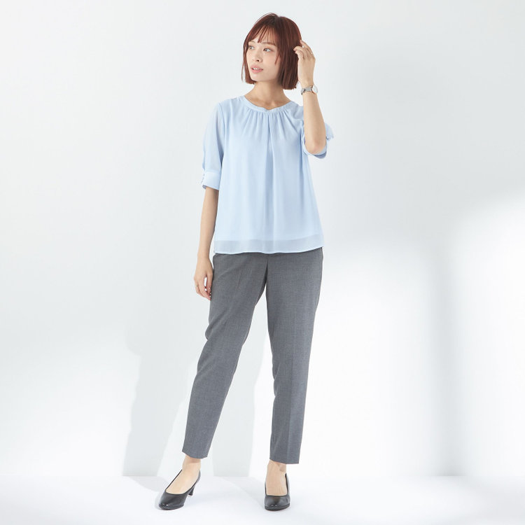 ナチュラル　ビューティー 【NATURAL BEAUTY】パフスリーブ襟元ギャザーブラウス/ブルー 青中間