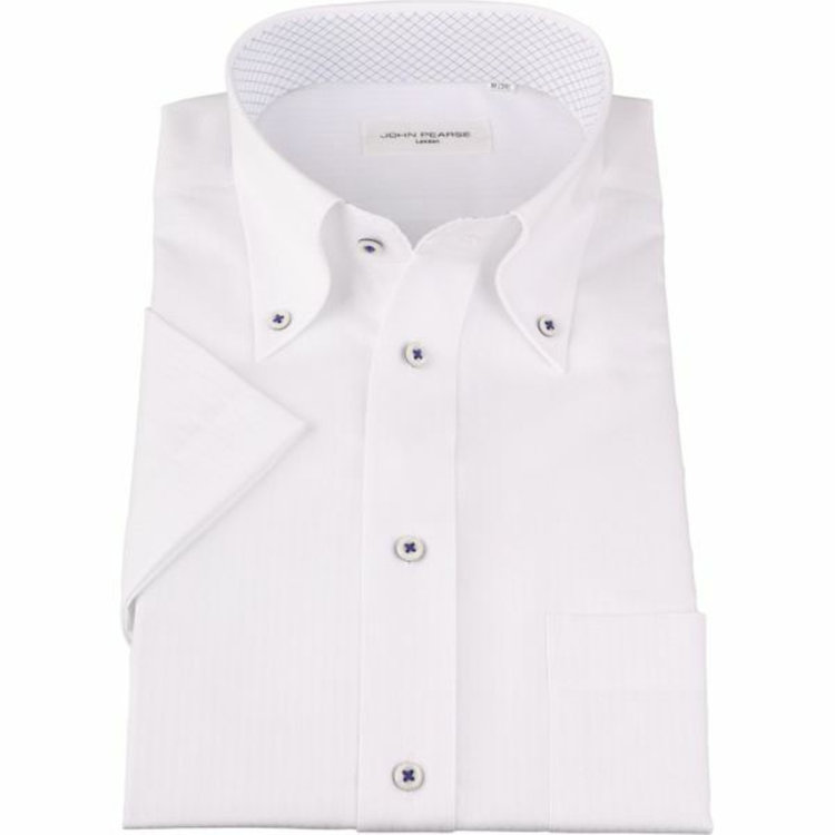 KONAKA　アウトレット 【WEB限定/OUTLET/汚れ・キズ等有】【半袖】【JOHN PEARSE White】【形態安定】ボタンダウンドレスシャツ/ホワイト×ドビーストライプ/襟袖裏別布：チェック/釦付糸：ネイビー/Oil guard ホワイト系(白)