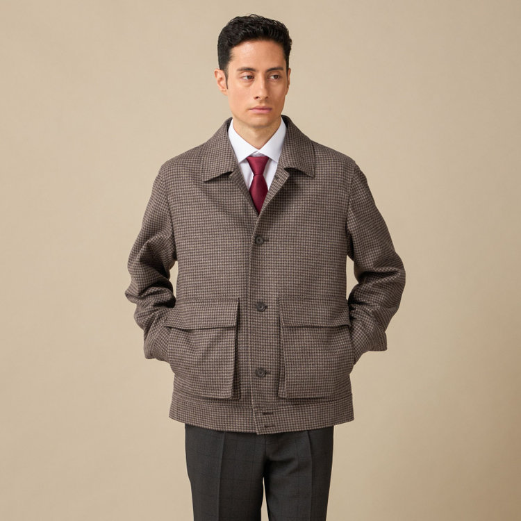 スタンリーブラッカ 【stanley blacker new york】ショート丈ブルゾン /ブラウン×ベージュ×ハウンドトゥース柄 /国内尾州生地仕様 茶中間