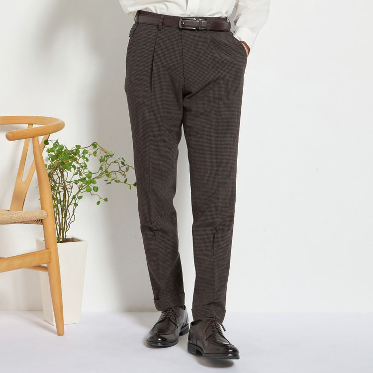 【stanley blacker new york】【春夏】1タックパンツ/ブラウン×サッカー/ウエストムーブ/裾上げ必要