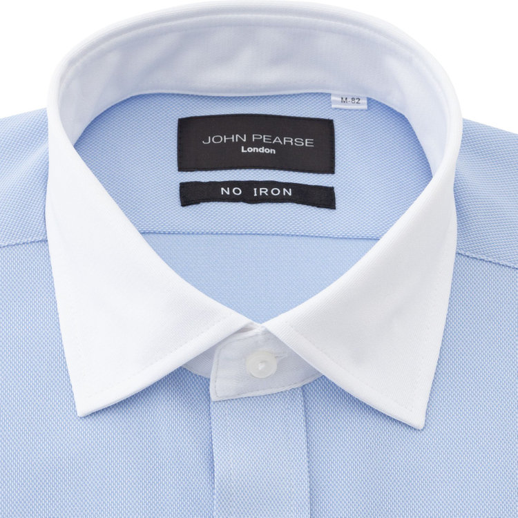 ジョンピアース 【JOHN PEARSE Black】【ノンアイロン】クレリックドレスワイシャツ/ホワイト×ブルー/ULTRA MOVE/ニット素材 青淡色