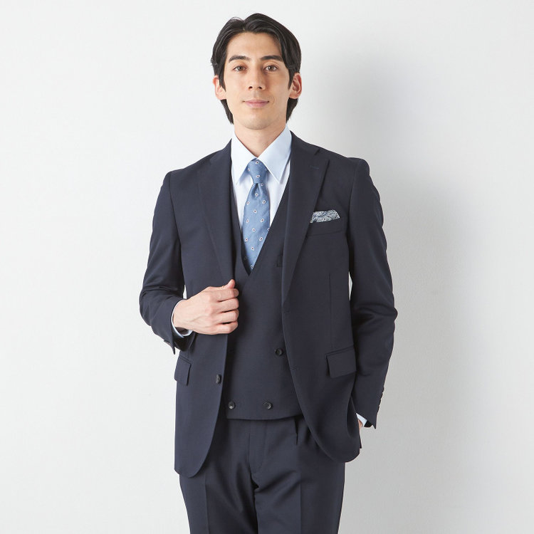 ＪＰ コンフォート 【JOHN PEARSE comfort】【通年】2釦シングルスリーピーススーツ ノータックパンツ ダブルベスト / ネイビー / パンツウォッシャブル ※裾上げ必要 紺中間
