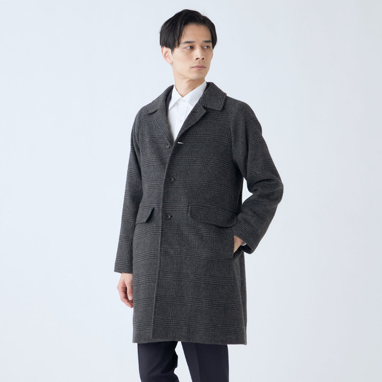 【KANSAIMAN collection】ウールブレンド シングルラグランバックベルトコート/グレー×チェック/RE:NEWOOL