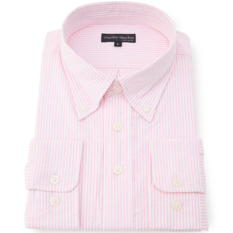 スタンリーブラッカ 【stanley blacker new york】【長袖】シアサッカーストライプボタンダウンシャツ/ピンク 赤淡色