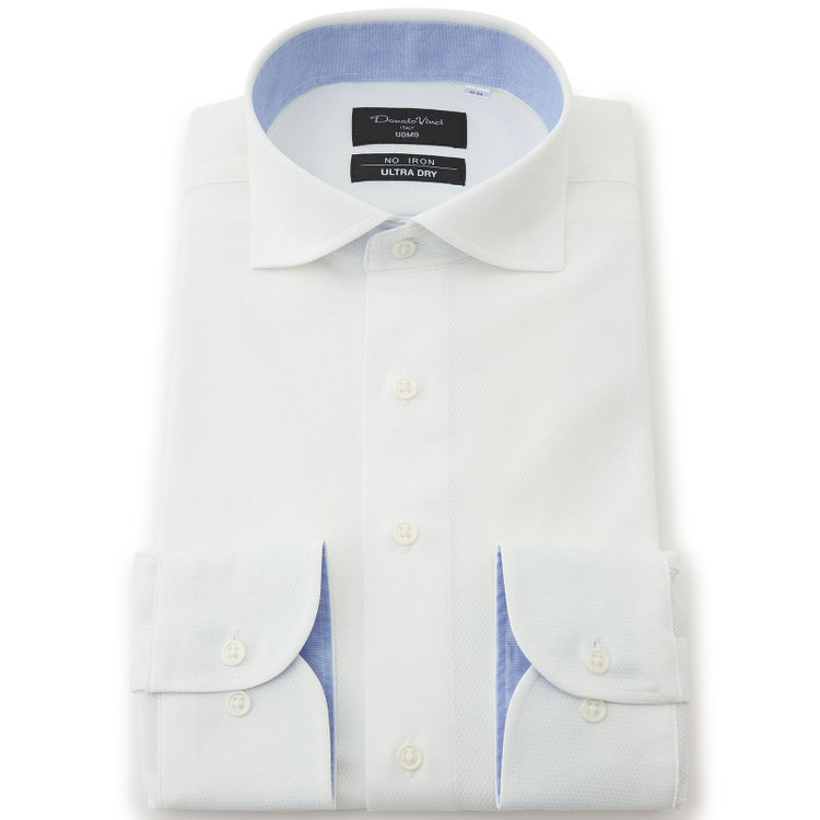 ドナートヴィンチウォモ 【FREEZETECH 氷撃：酷暑対策シャツ】【Donato Vinci Italy Uomo】【STYLISH】【ノーアイロン】ワイドカラードレスワイシャツ/ホワイト×ドビー/襟裏別布/ULTRA MOVE/ニット素材 白