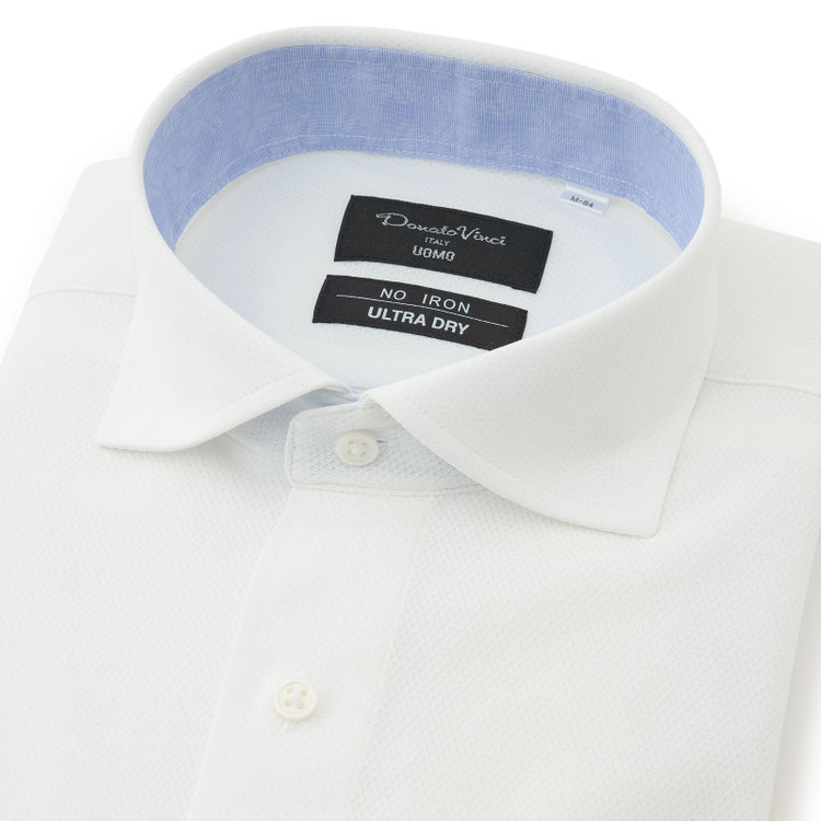 ドナートヴィンチウォモ 【FREEZETECH 氷撃：酷暑対策シャツ】【Donato Vinci Italy Uomo】【STYLISH】【ノーアイロン】ワイドカラードレスワイシャツ/ホワイト×ドビー/襟裏別布/ULTRA MOVE/ニット素材 白