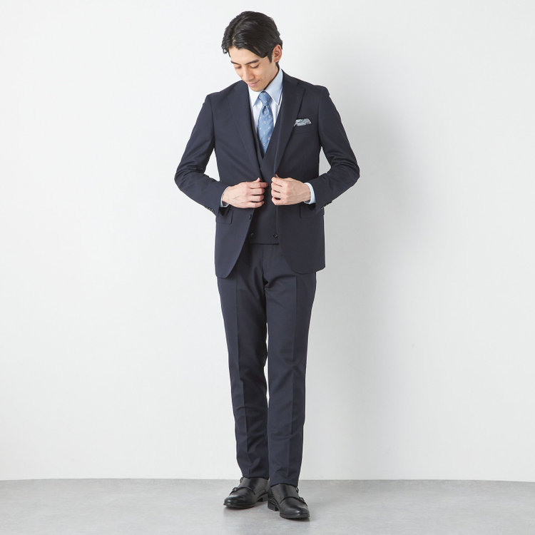 ＪＰ コンフォート 【JOHN PEARSE comfort】【通年】2釦シングルスリーピーススーツ ノータックパンツ ダブルベスト / ネイビー / パンツウォッシャブル ※裾上げ必要 紺中間