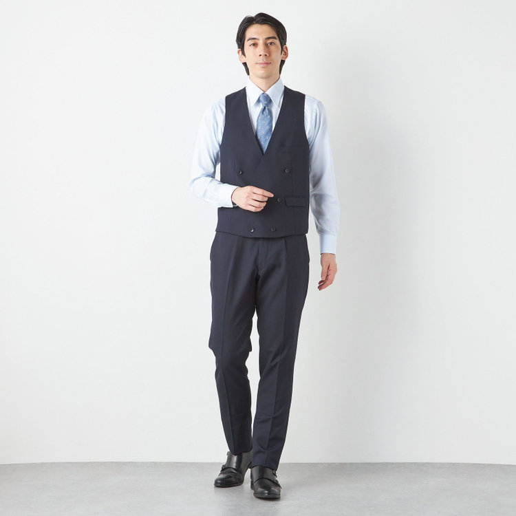 ＪＰ コンフォート 【JOHN PEARSE comfort】【通年】2釦シングルスリーピーススーツ ノータックパンツ ダブルベスト / ネイビー / パンツウォッシャブル ※裾上げ必要 紺中間