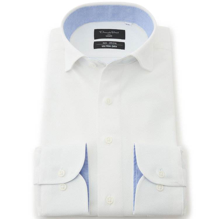 ドナートヴィンチウォモ 【FREEZETECH 氷撃：酷暑対策シャツ】【Donato Vinci Italy Uomo】【STYLISH】【ノーアイロン】ワイドカラードレスワイシャツ/ホワイト×ドビー/襟裏別布/ULTRA MOVE/ニット素材 白