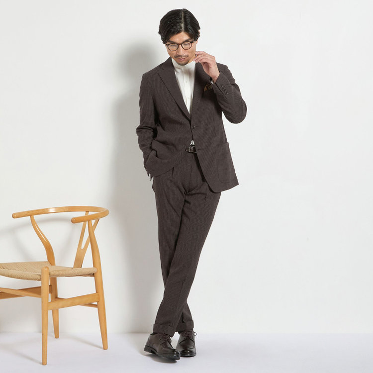スタンリーブラッカ 【stanley blacker new york】【春夏】1タックパンツ/ブラウン×サッカー/ウエストムーブ/裾上げ必要 茶中間