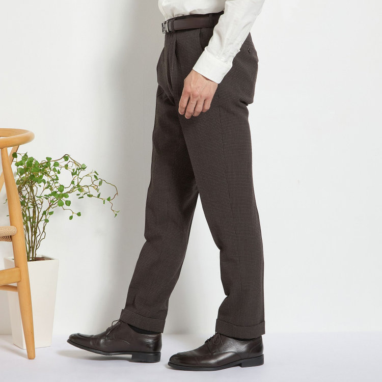 スタンリーブラッカ 【stanley blacker new york】【春夏】1タックパンツ/ブラウン×サッカー/ウエストムーブ/裾上げ必要 茶中間