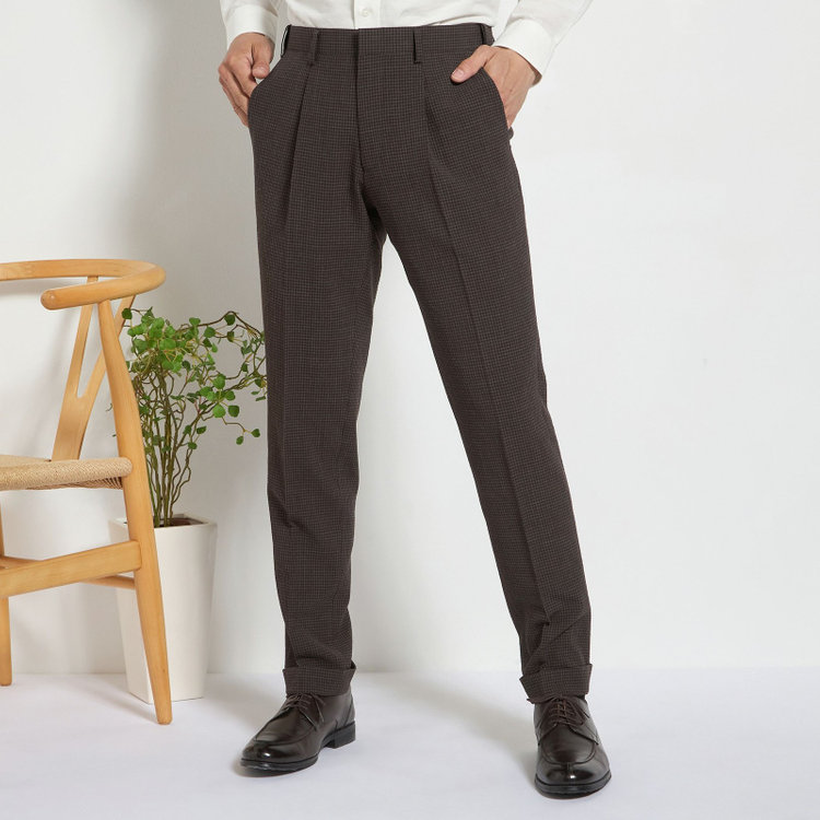 スタンリーブラッカ 【stanley blacker new york】【春夏】1タックパンツ/ブラウン×サッカー/ウエストムーブ/裾上げ必要 茶中間