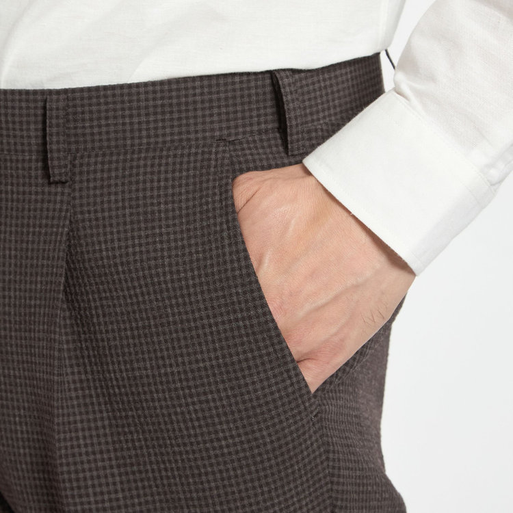 スタンリーブラッカ 【stanley blacker new york】【春夏】1タックパンツ/ブラウン×サッカー/ウエストムーブ/裾上げ必要 茶中間