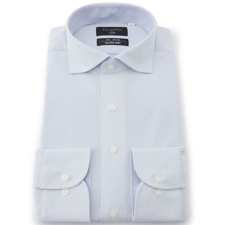 ドナートヴィンチウォモ 【FREEZETECH 氷撃：酷暑対策シャツ】【Donato Vinci Italy Uomo】【STYLISH】【ノーアイロン】ワイドカラードレスワイシャツ/ブルー＆ホワイト×ドビー/襟裏別布/ULTRA MOVE/ニット素材 青中間