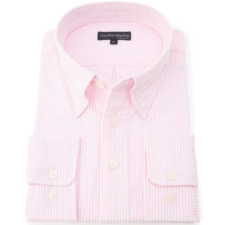 スタンリーブラッカ 【stanley blacker new york】【長袖】シアサッカーストライプボタンダウンシャツ/ピンク 赤淡色