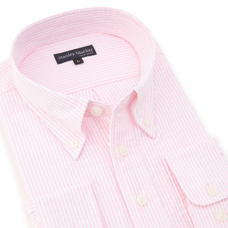スタンリーブラッカ 【stanley blacker new york】【長袖】シアサッカーストライプボタンダウンシャツ/ピンク 赤淡色