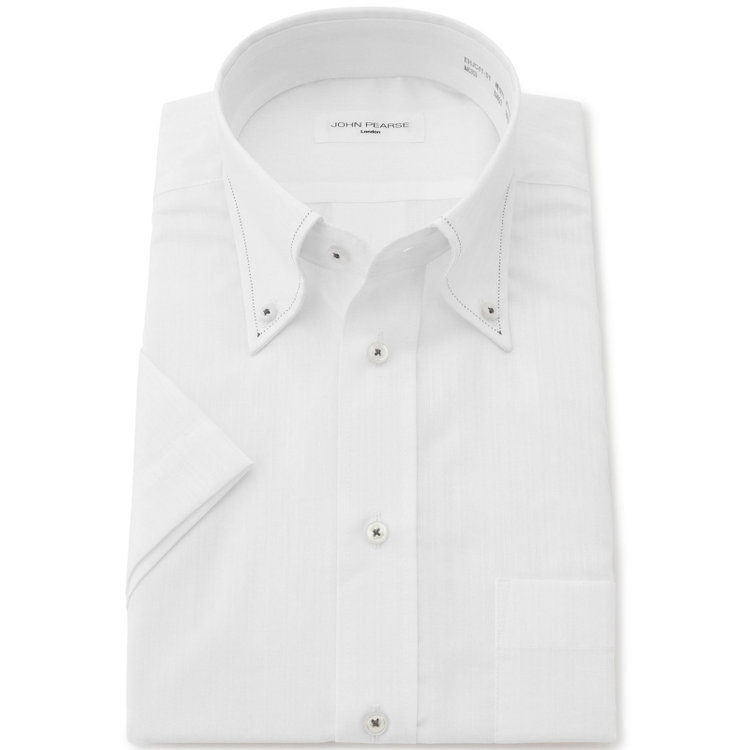 ジョンピアース 【半袖】【JOHN PEARSE White】【形態安定】ボタンダウンドレスシャツ/ホワイト×ドビーストライプ/襟ステッチ/釦付糸：グレー/ULTRA BREATH COOL 白