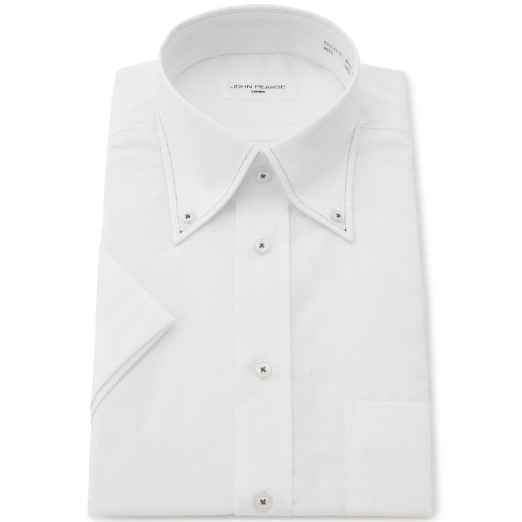 ジョンピアース 【半袖】【JOHN PEARSE White】【形態安定】ボタンダウンドレスシャツ/ホワイト×ドビーストライプ/襟ステッチ/釦付糸：グレー/ULTRA BREATH COOL 白