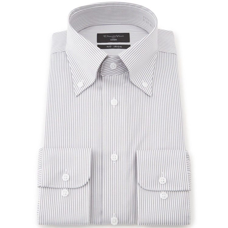 ドナートヴィンチウォモ 【Donato Vinci Italy Uomo】【スタイリッシュ】ボタンダウンワイシャツ/ホワイト＆グレー×ストライプ/「ULTRA MOVE COTTON」ノーアイロン・ストレッチ・コットン100% グレー淡色