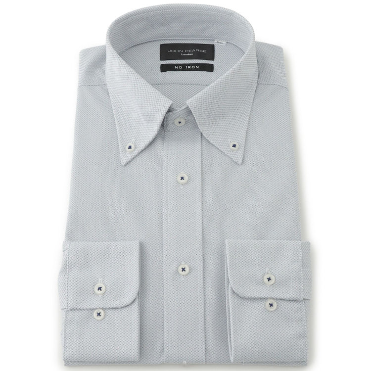 ジョンピアースブラック 【JOHN PEARSE Black】【ノーアイロン】ボタンダウンドレスワイシャツ/グレー×ドビー/ULTRA MOVE「ニット素材」「ノーアイロン」「ストレッチ」「高通気性」 青中間