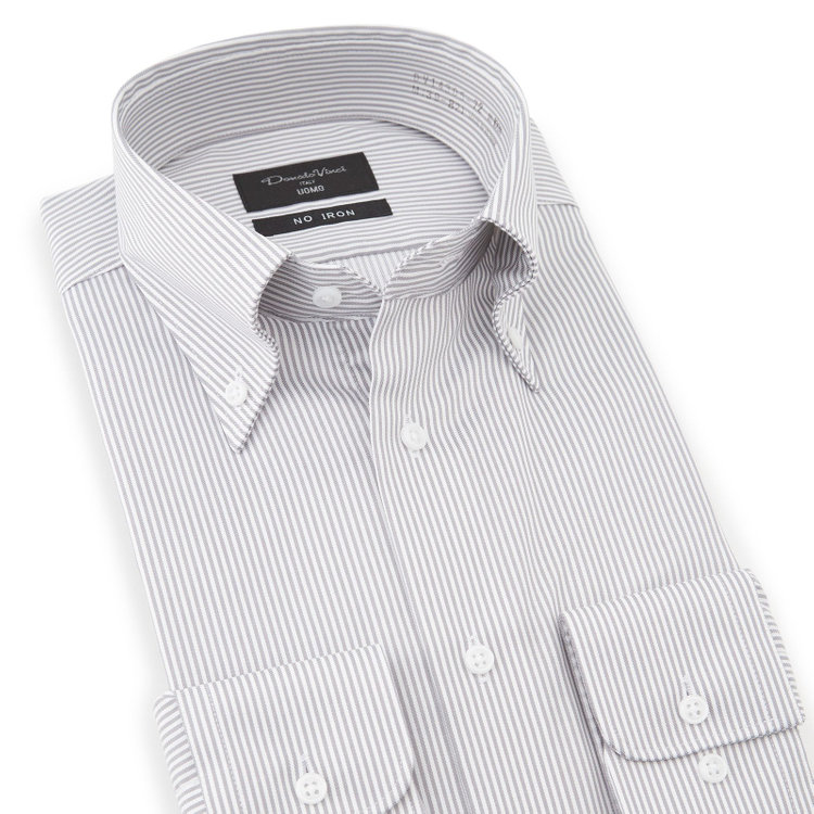 ドナートヴィンチウォモ 【Donato Vinci Italy Uomo】【スタイリッシュ】ボタンダウンワイシャツ/ホワイト＆グレー×ストライプ/「ULTRA MOVE COTTON」ノーアイロン・ストレッチ・コットン100% グレー淡色