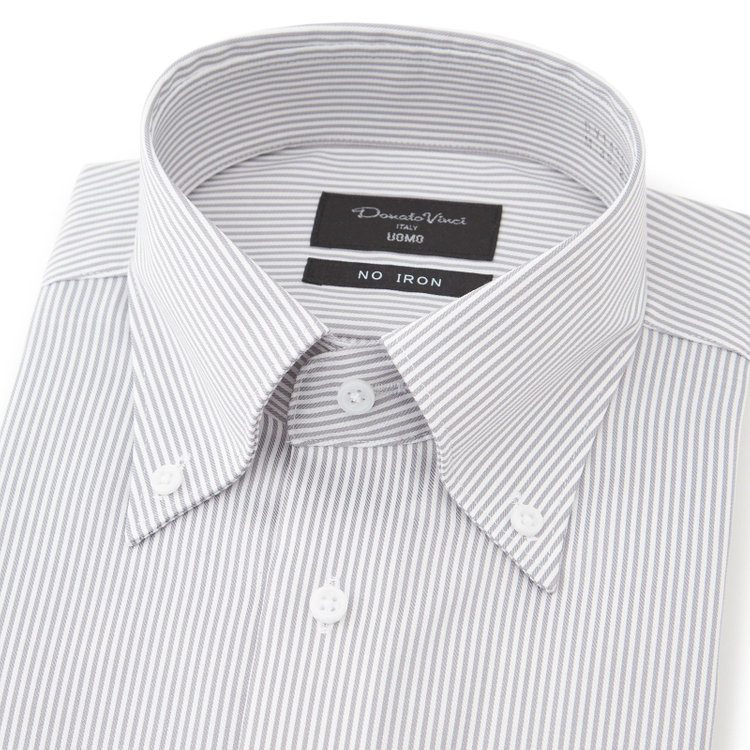 ドナートヴィンチウォモ 【Donato Vinci Italy Uomo】【スタイリッシュ】ボタンダウンワイシャツ/ホワイト＆グレー×ストライプ/「ULTRA MOVE COTTON」ノーアイロン・ストレッチ・コットン100% グレー淡色