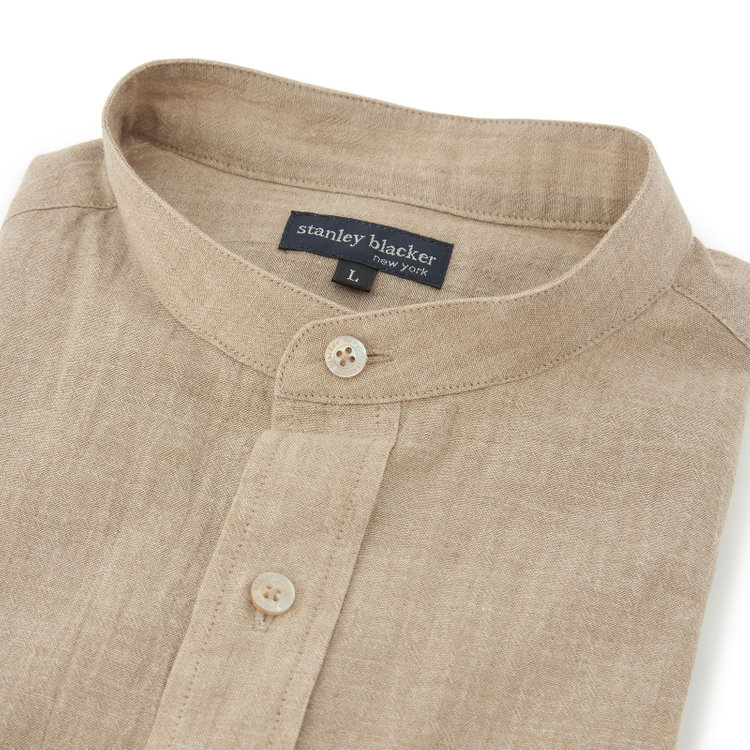 スタンリーブラッカ 【stanley blacker new york】【長袖】リネンブレンドバンドカラー/ベージュ 茶淡色