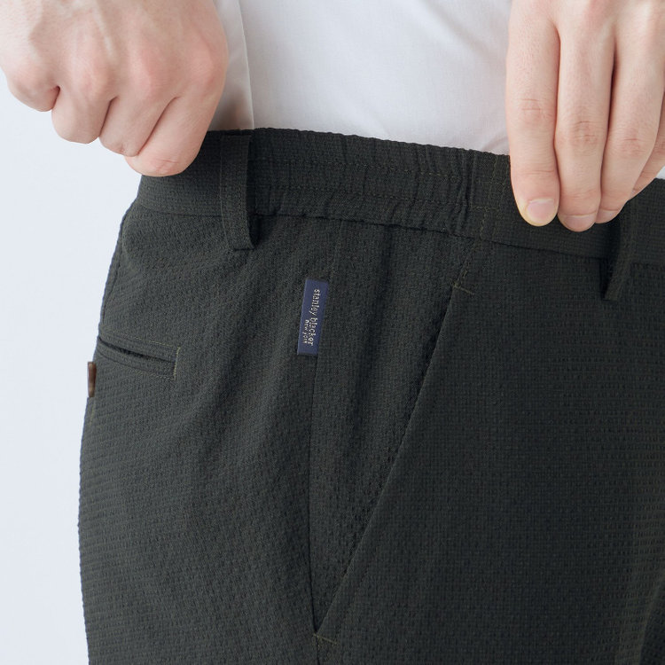 スタンリーブラッカ 【stanley blacker new york】【春夏】0タックパンツ/カーキ/ウエストシャーリング仕様/※裾上げ必要 緑濃色