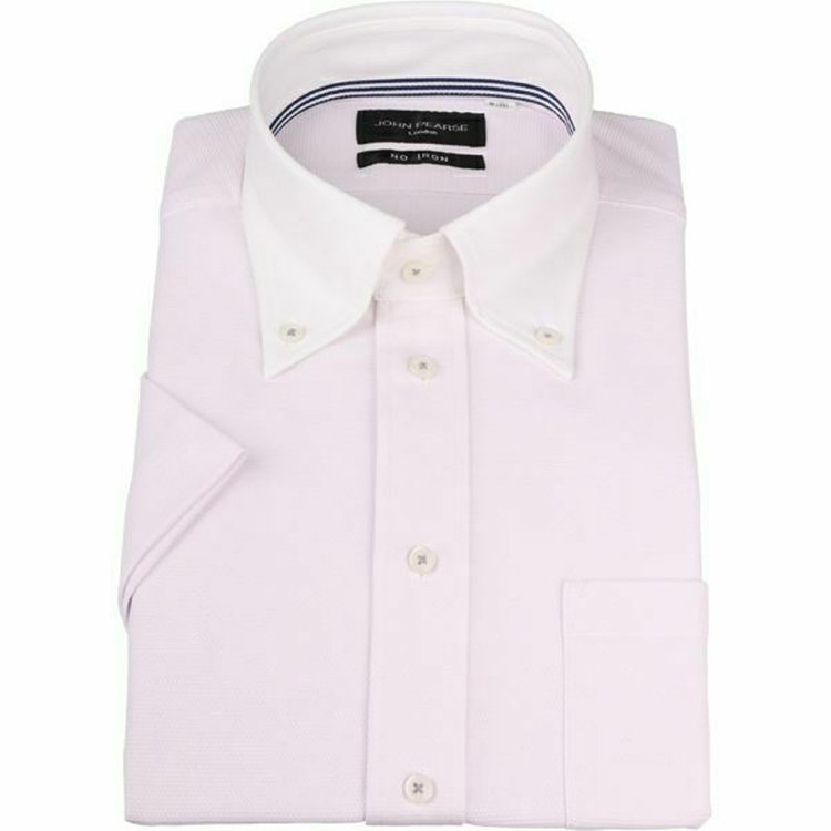 【WEB限定/OUTLET/汚れ・キズ等有】【半袖】【JOHN PEARSE Black】【ノーアイロン】クレリックボタンダウンドレスワイシャツ/襟：ホワイト+ピンク/釦付糸：グレー/ULTRA MOVE/ニット素材
