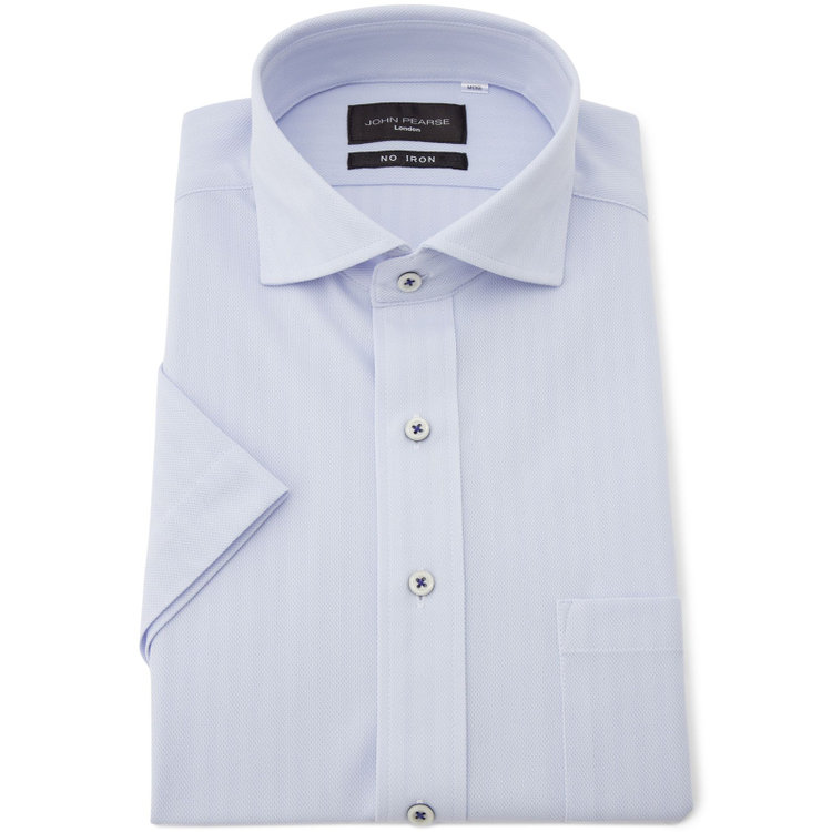 【WEB限定/OUTLET/汚れ・キズ等有】【半袖】【JOHN PEARSE Black】【ノーアイロン】ホリゾンタルワイドワイシャツ/ブルー×ドビーストライプ/ULTRA MOVE「ニット素材」「ノーアイロン」「ストレッチ」「高通気性」