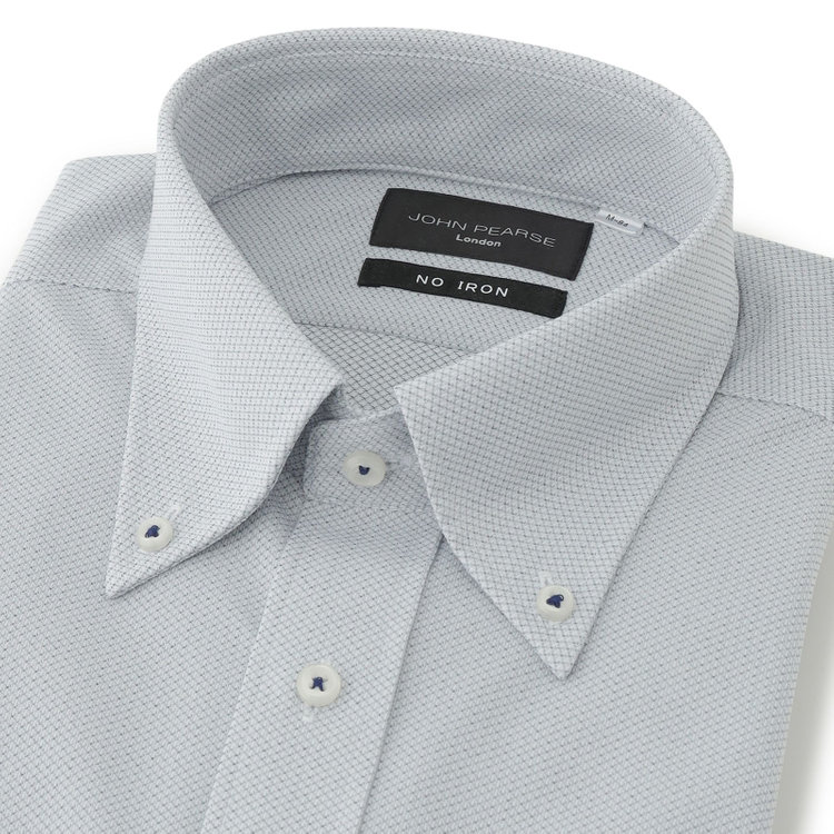 ジョンピアースブラック 【JOHN PEARSE Black】【ノーアイロン】ボタンダウンドレスワイシャツ/グレー×ドビー/ULTRA MOVE「ニット素材」「ノーアイロン」「ストレッチ」「高通気性」 青中間