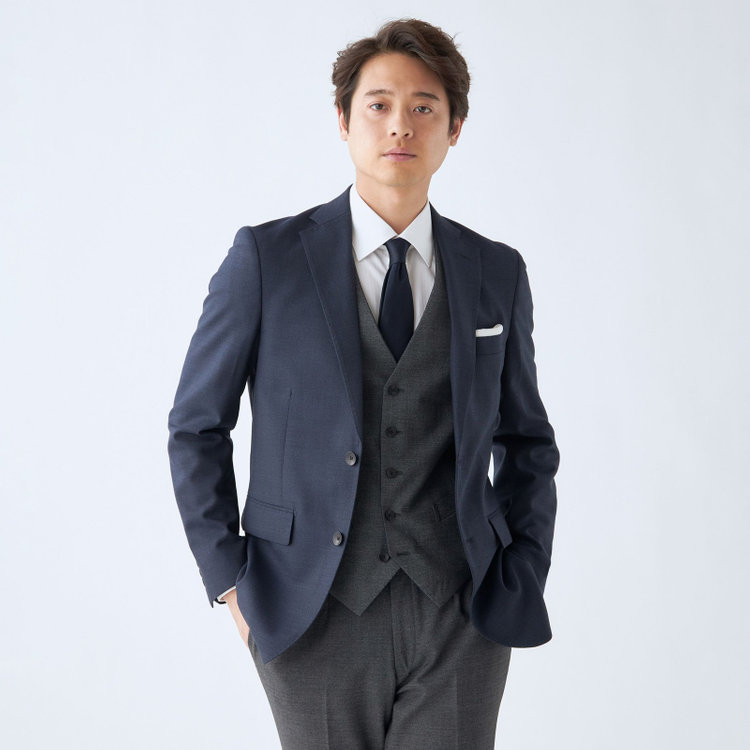 ＪＰ コンフォート 【JOHN PEARSE comfort】【年間】7WAY コーディネイトパンツ付き/2釦シングルスリーピーススーツ ショートタック/ネイビー×ソリッド+グレーパンツ/ウエストシャーリング/ウォッシャブル/ストレッチ/ULTRA MOVEM/※裾上げ必要 紺中間