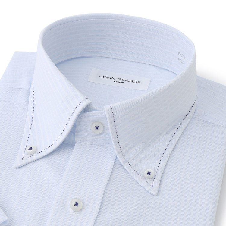 ジョンピアース 【半袖】【JOHN PEARSE White】【形態安定】ボタンダウンドレスシャツ/サックス×ホワイトストライプ/ネイビーステッチ/ULTRA BREATH COOL 青淡色