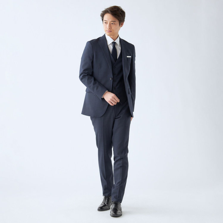ＪＰ コンフォート 【JOHN PEARSE comfort】【年間】7WAY コーディネイトパンツ付き/2釦シングルスリーピーススーツ ショートタック/ネイビー×ソリッド+グレーパンツ/ウエストシャーリング/ウォッシャブル/ストレッチ/ULTRA MOVEM/※裾上げ必要 紺中間
